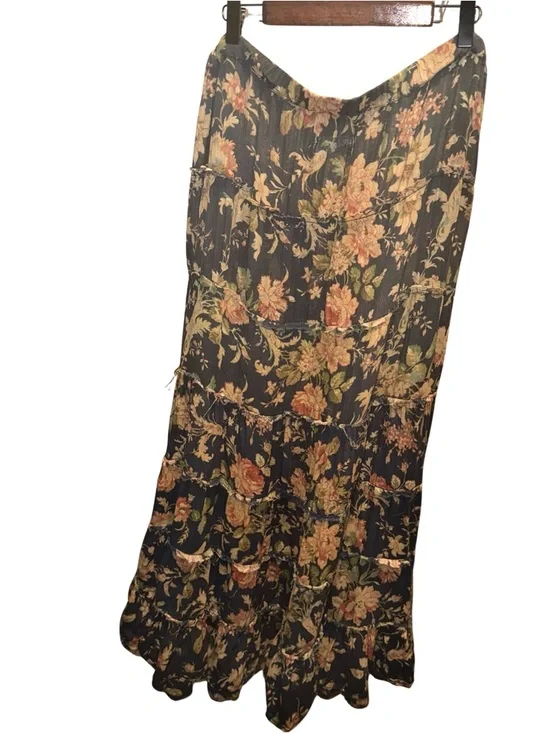 Denim & Supply Ralph Lauren Black Floral Print Maxi Skirt Semi Sheer Size XL - Picture 1 of 4